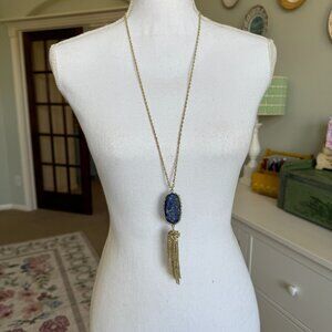 Kendra Scott Long Statement Necklace in Blue Natural Stone and Gold Metal